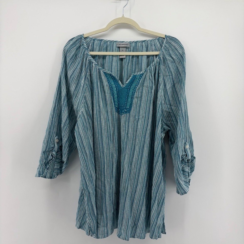 Catherines Womens 2X Blue Striped Embroidered 3/4 Sleeve Peasant Blouse Top